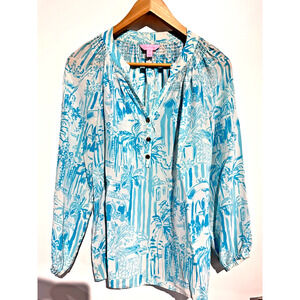Lilly Pulitzer White and Turquoise Blue Printed Peasant Blouse